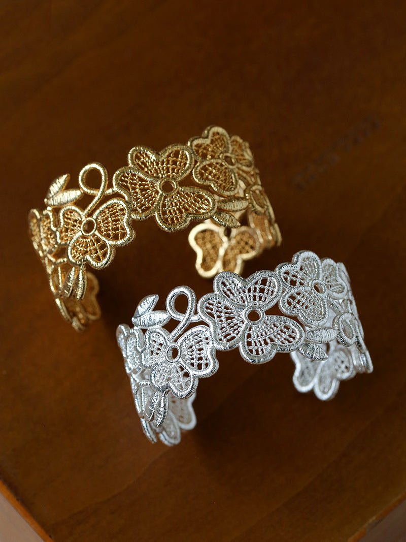 Lace Wide Embroidered Gold Silver Cuff Bracelet