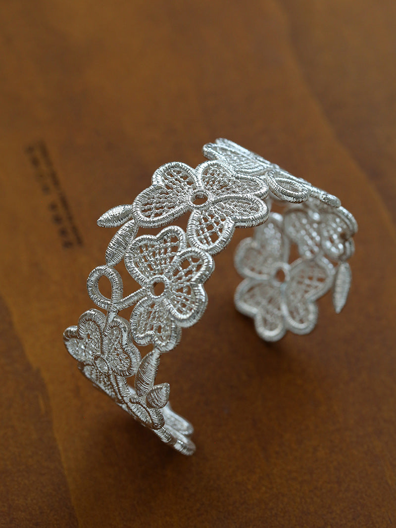 Lace Wide Embroidered Gold Silver Cuff Bracelet