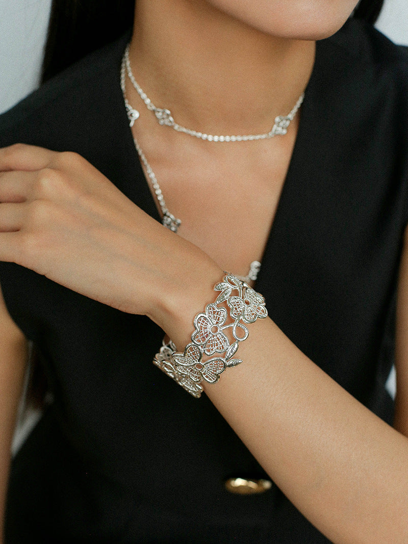 Lace Wide Embroidered Gold Silver Cuff Bracelet
