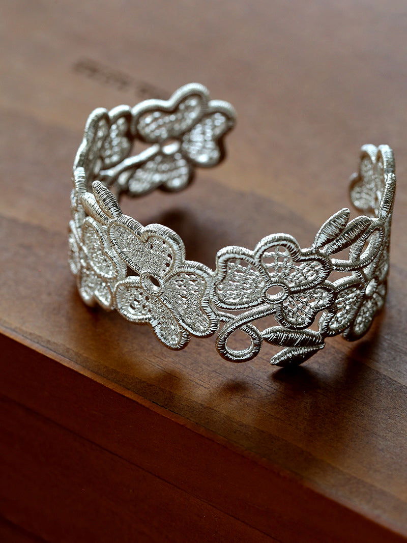 Lace Wide Embroidered Gold Silver Cuff Bracelet