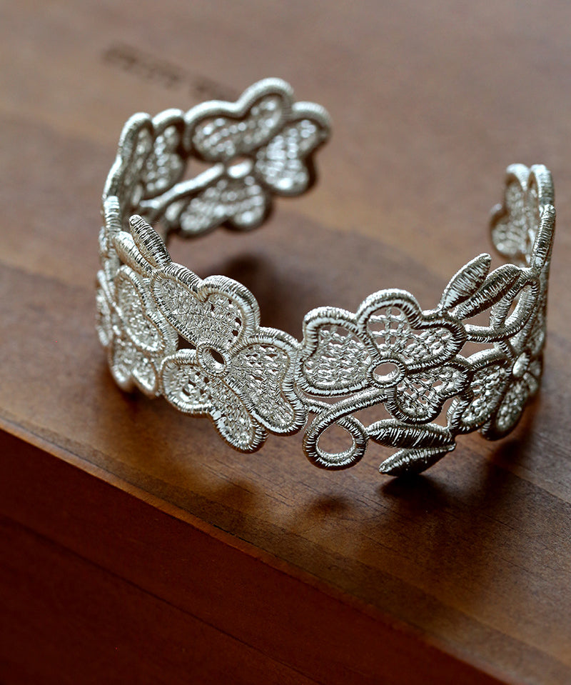Lace Wide Embroidered Gold Silver Cuff Bracelet