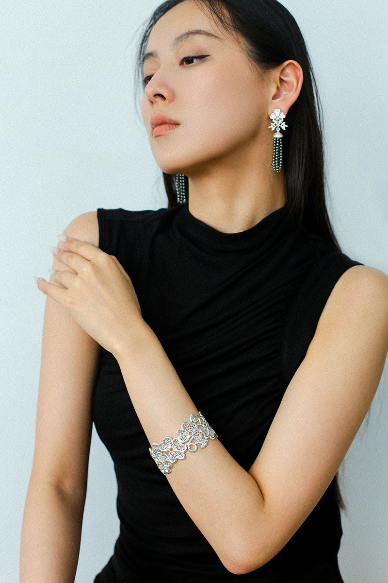 Lace Wide Embroidered Gold Silver Cuff Bracelet