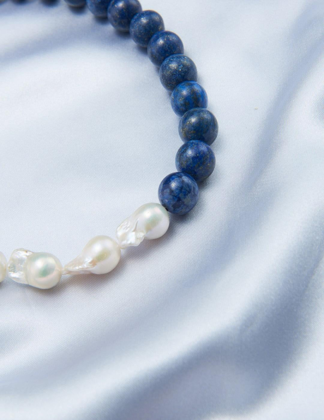 Lapis Lazuli Gemstone Baroque Pearl Beaded Necklace - Gembea Jewelry