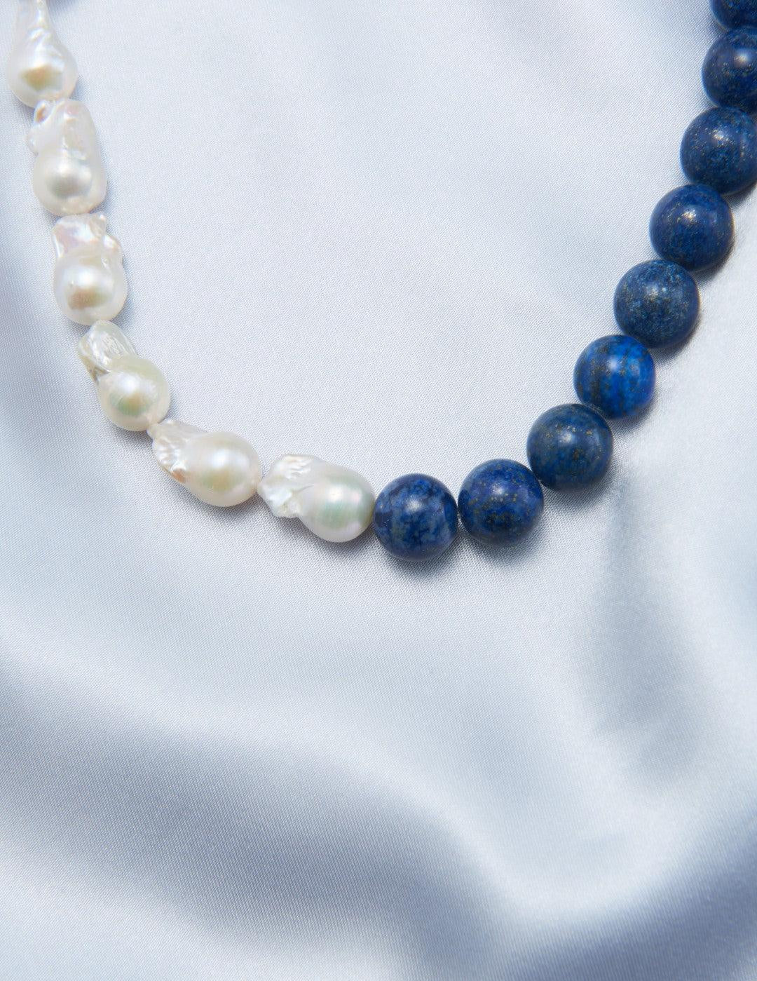 Lapis Lazuli Gemstone Baroque Pearl Beaded Necklace - Gembea Jewelry