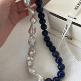Lapis Lazuli Gemstone Baroque Pearl Beaded Necklace - Gembea Jewelry