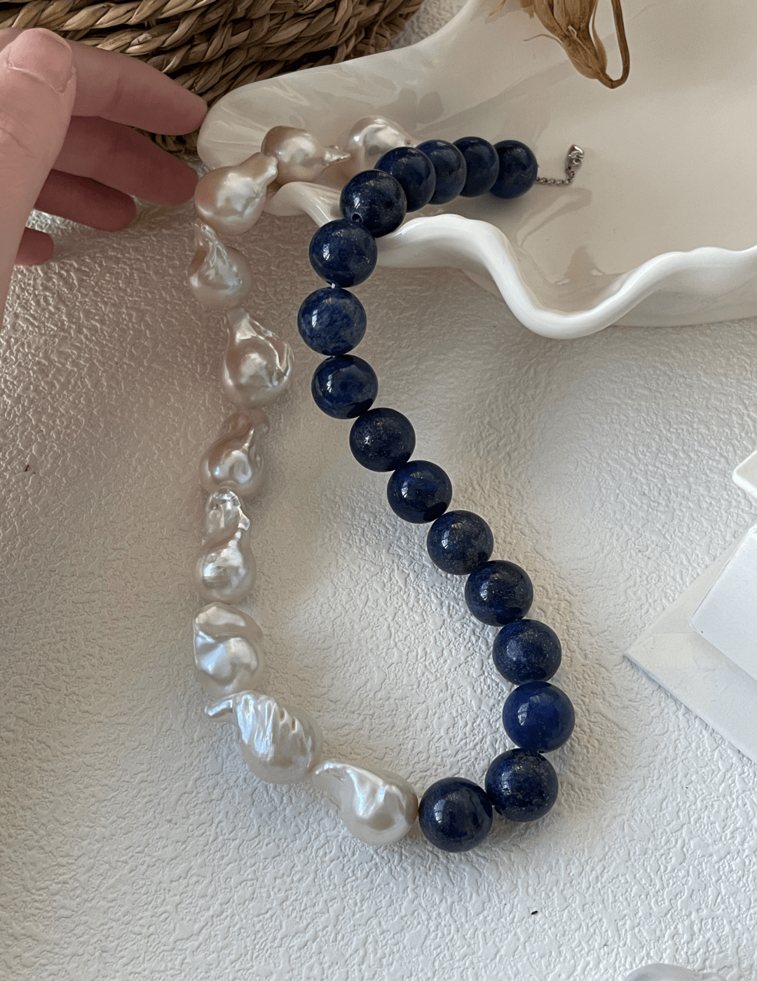 Lapis Lazuli Gemstone Baroque Pearl Beaded Necklace - Gembea Jewelry