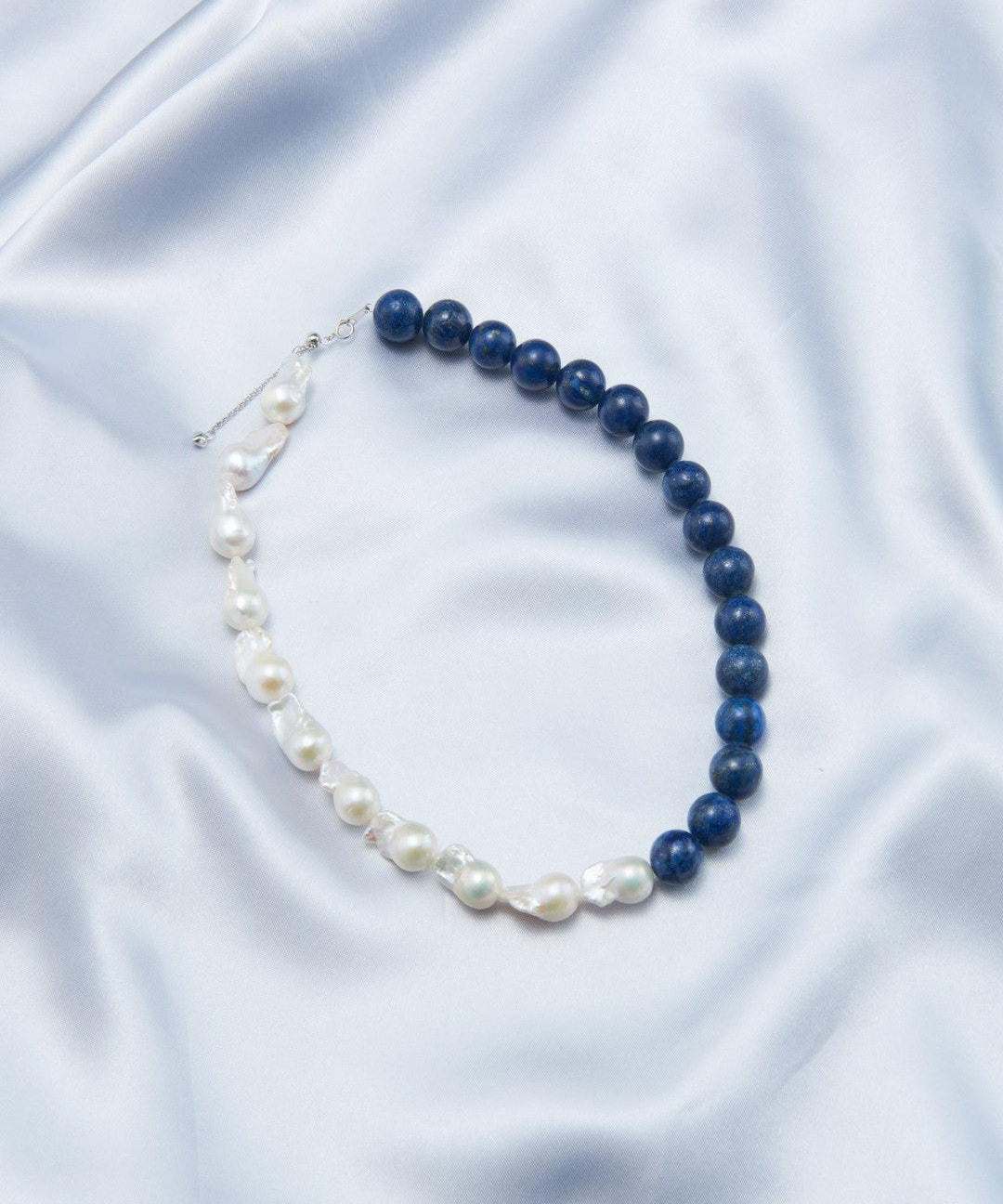 Lapis Lazuli Gemstone Baroque Pearl Beaded Necklace - Gembea Jewelry