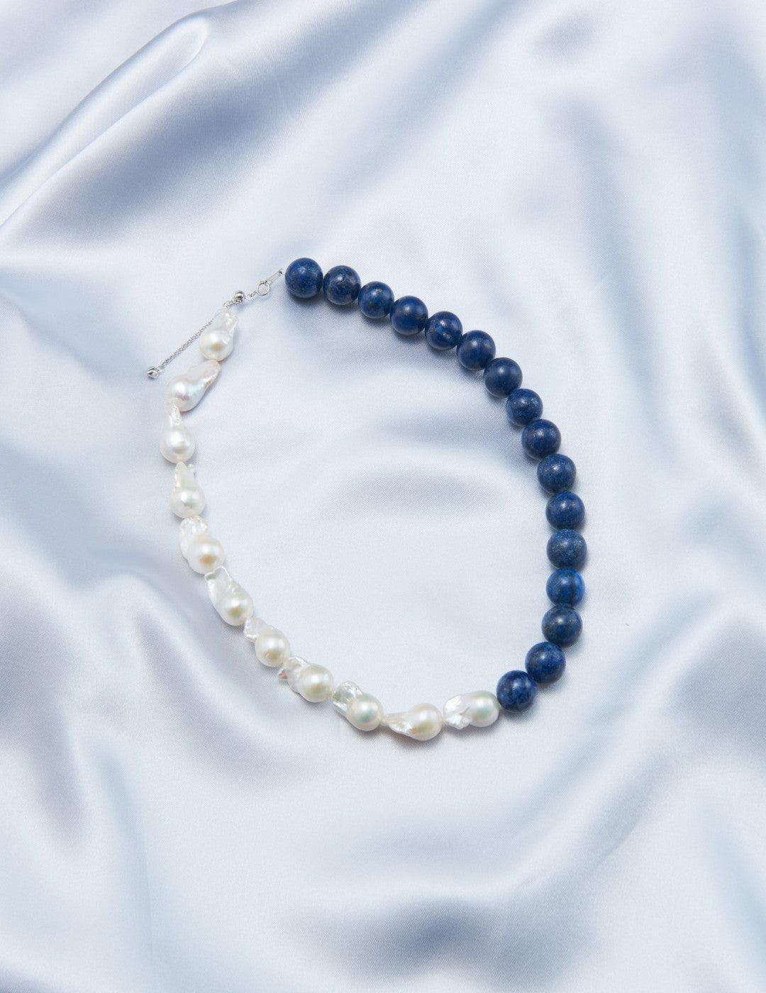 Lapis Lazuli Gemstone Baroque Pearl Beaded Necklace - Gembea Jewelry