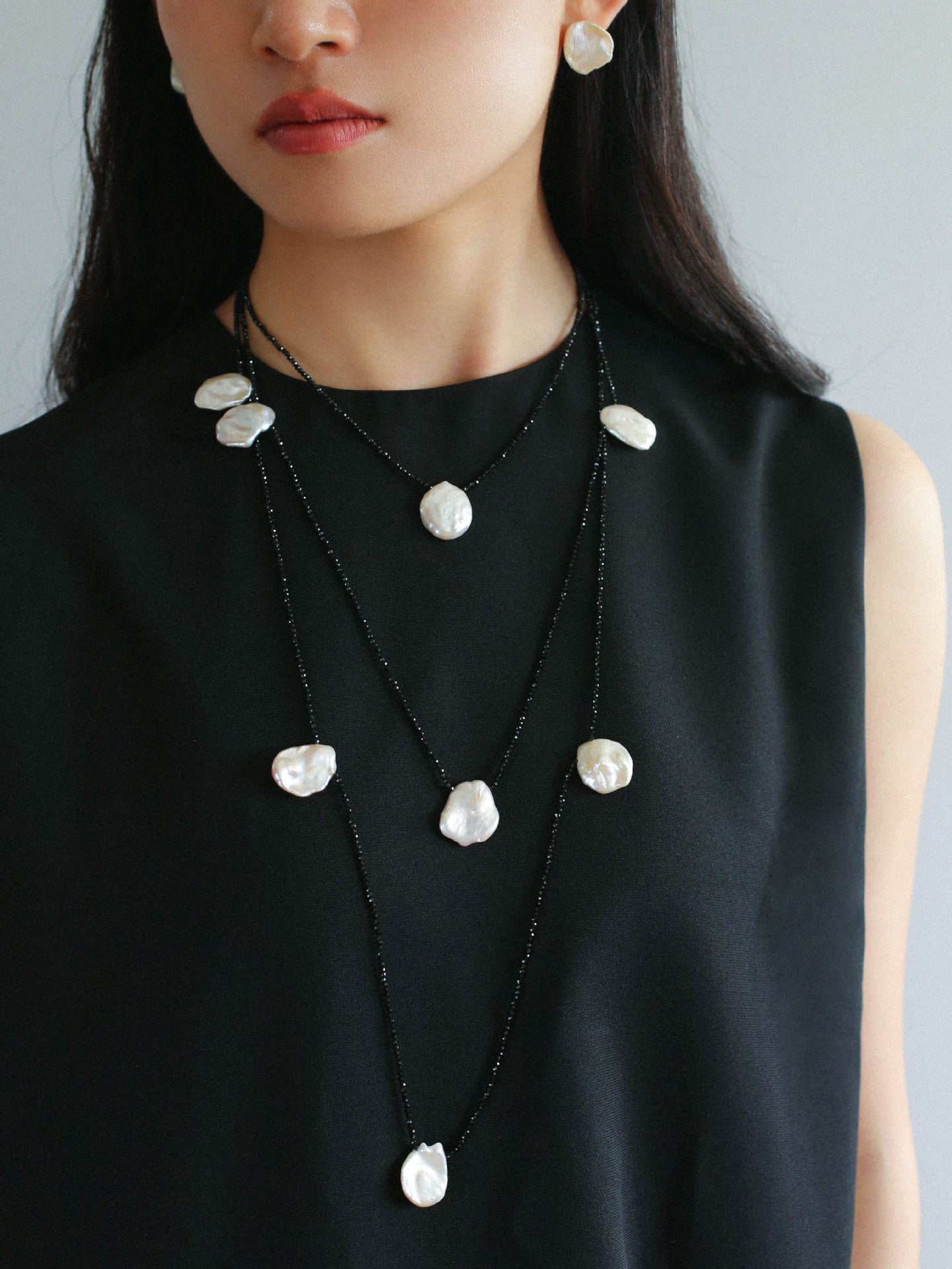 Large Petal Baroque Pearl Black Spinel Necklace-Gembea Jewelry