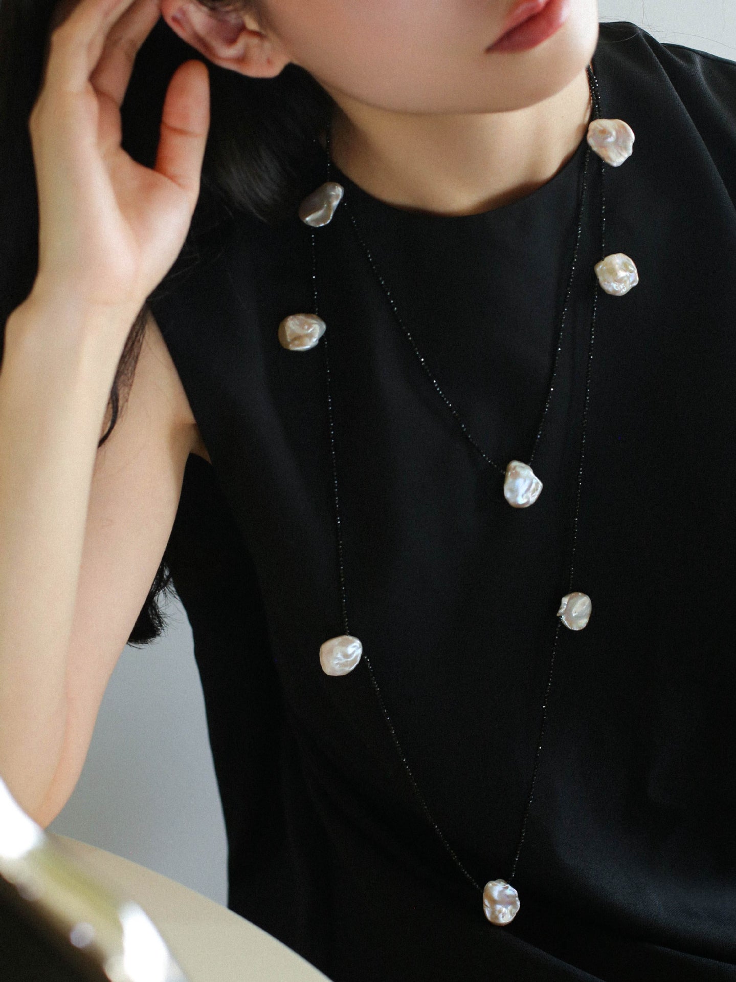 Large Petal Baroque Pearl Black Spinel Necklace-Gembea Jewelry