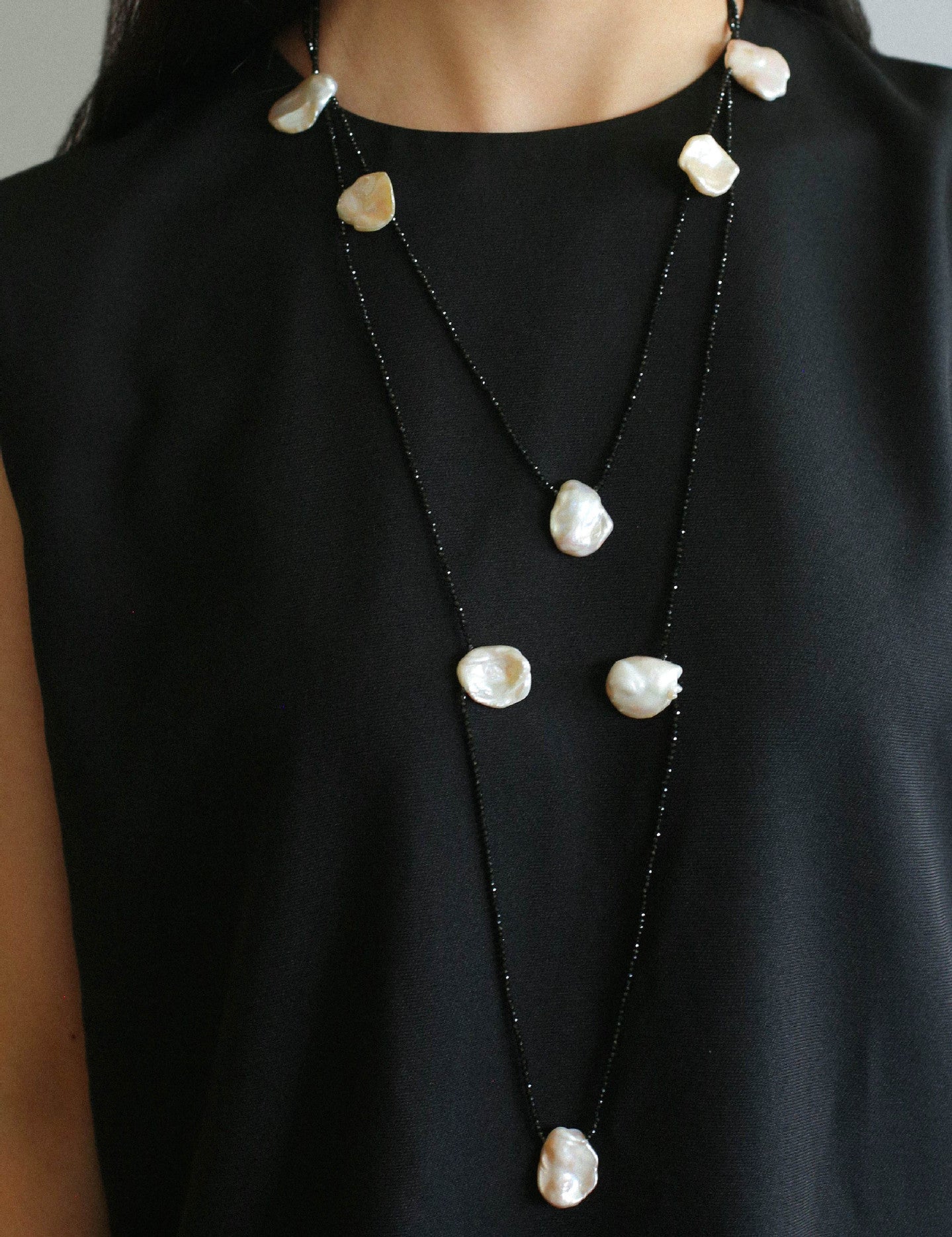 Large Petal Baroque Pearl Black Spinel Necklace-Gembea Jewelry