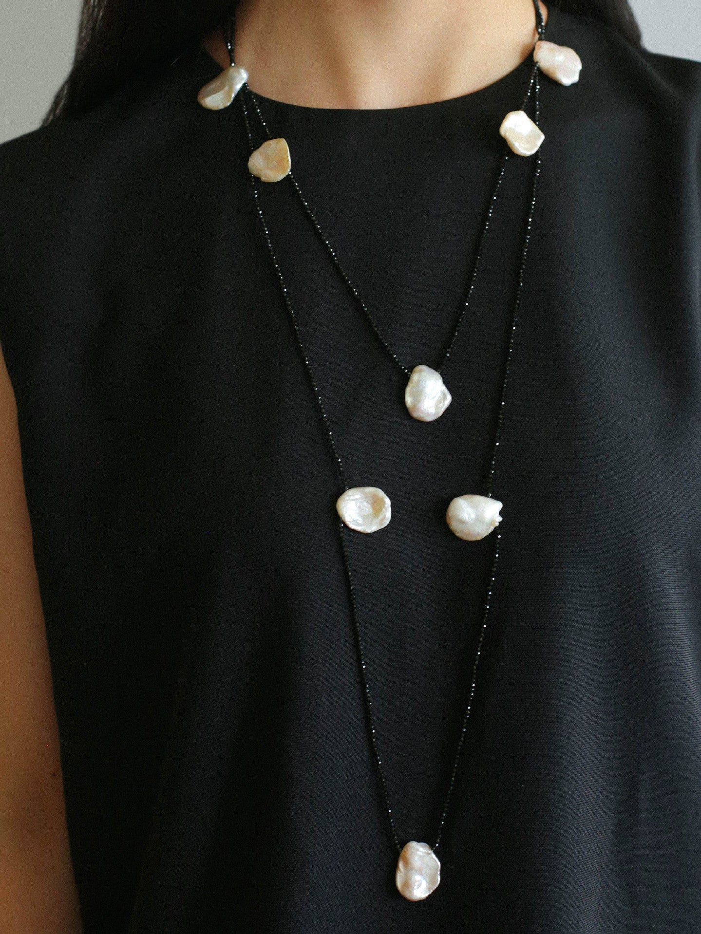 Large Petal Baroque Pearl Black Spinel Necklace-Gembea Jewelry