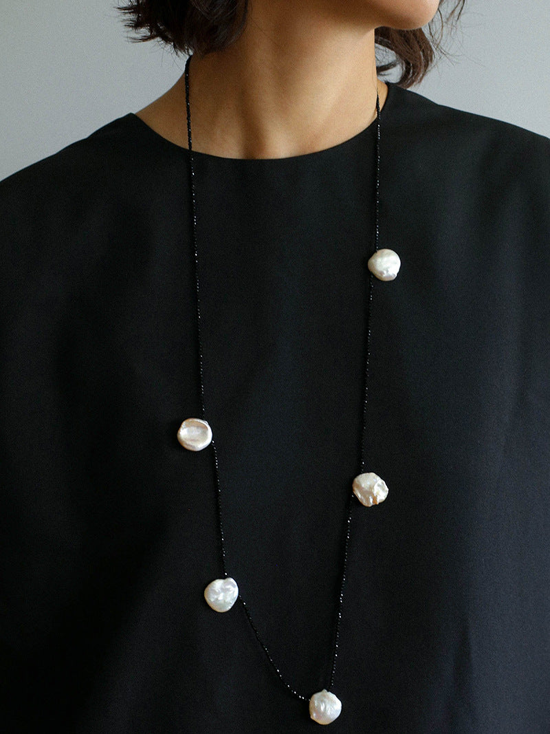 Large Petal Baroque Pearl Black Spinel Necklace-Gembea Jewelry