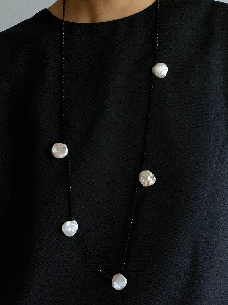 Large Petal Baroque Pearl Black Spinel Necklace-Gembea Jewelry