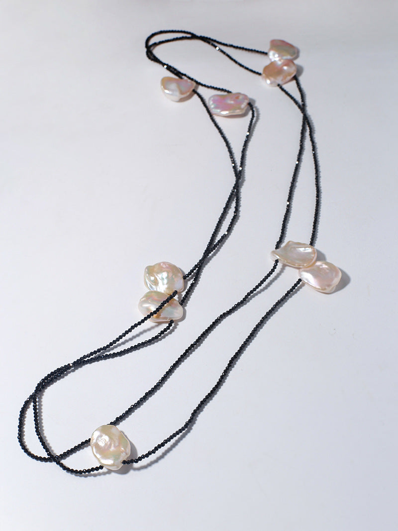 Large Petal Baroque Pearl Black Spinel Necklace-Gembea Jewelry