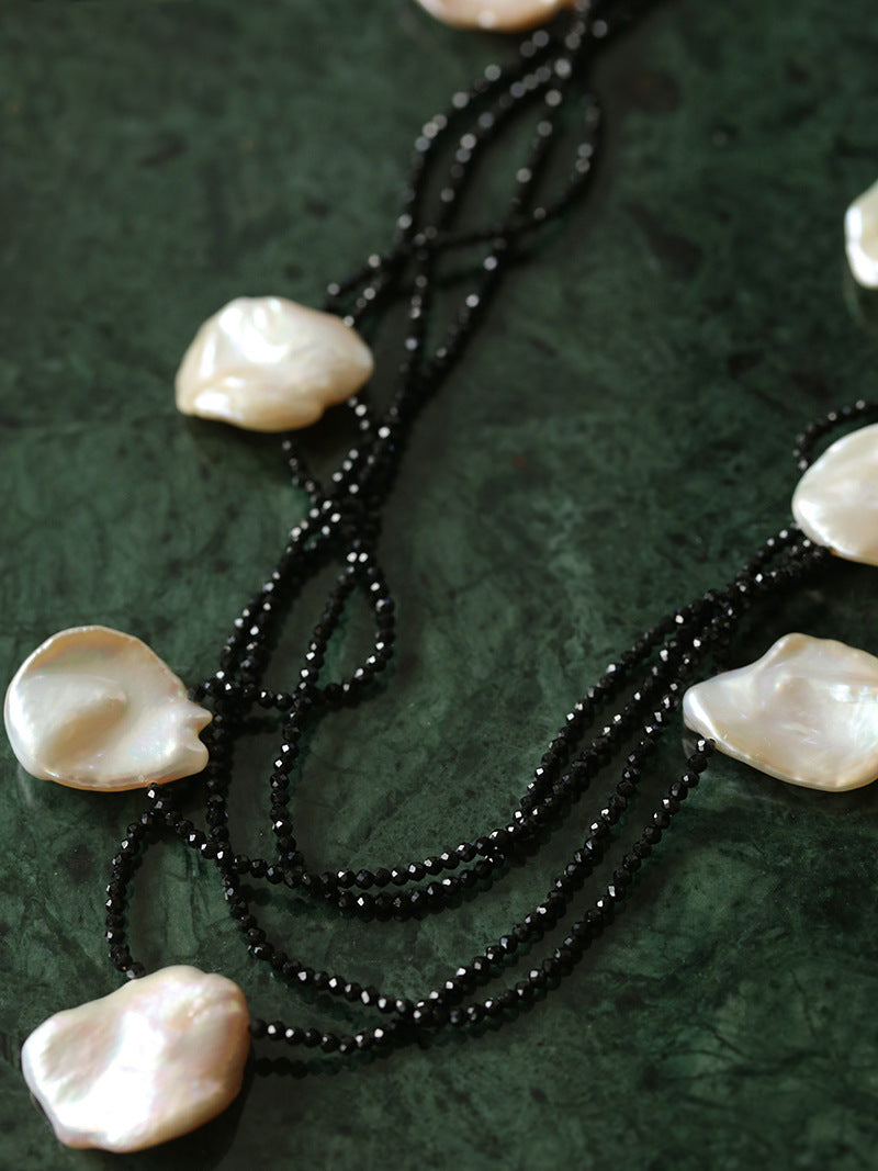 Large Petal Baroque Pearl Black Spinel Necklace-Gembea Jewelry