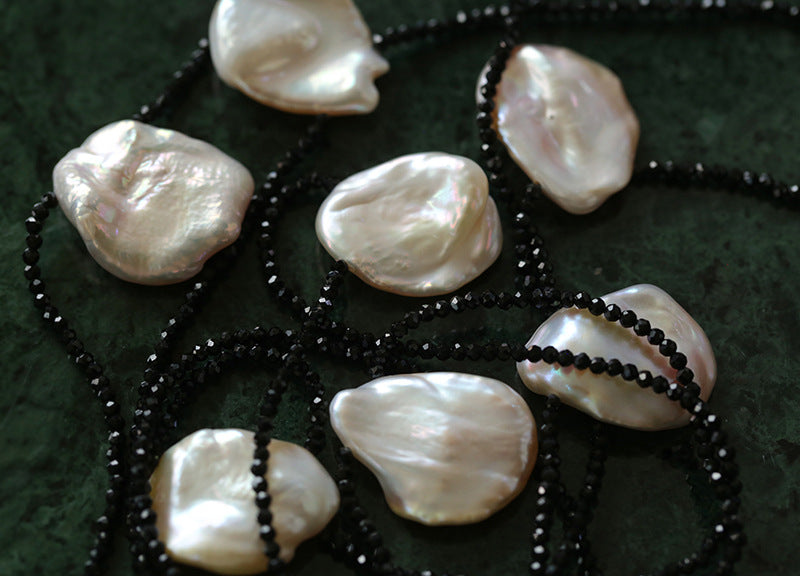 Large Petal Baroque Pearl Black Spinel Necklace-Gembea Jewelry