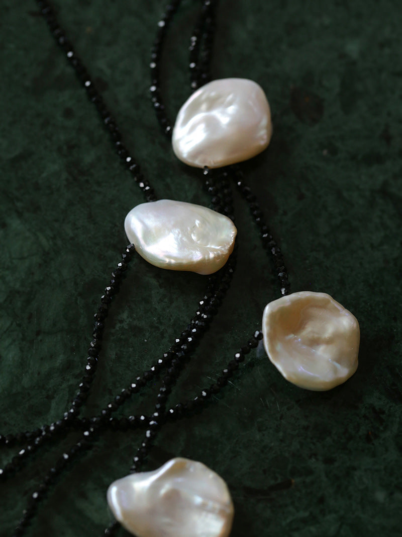 Large Petal Baroque Pearl Black Spinel Necklace-Gembea Jewelry
