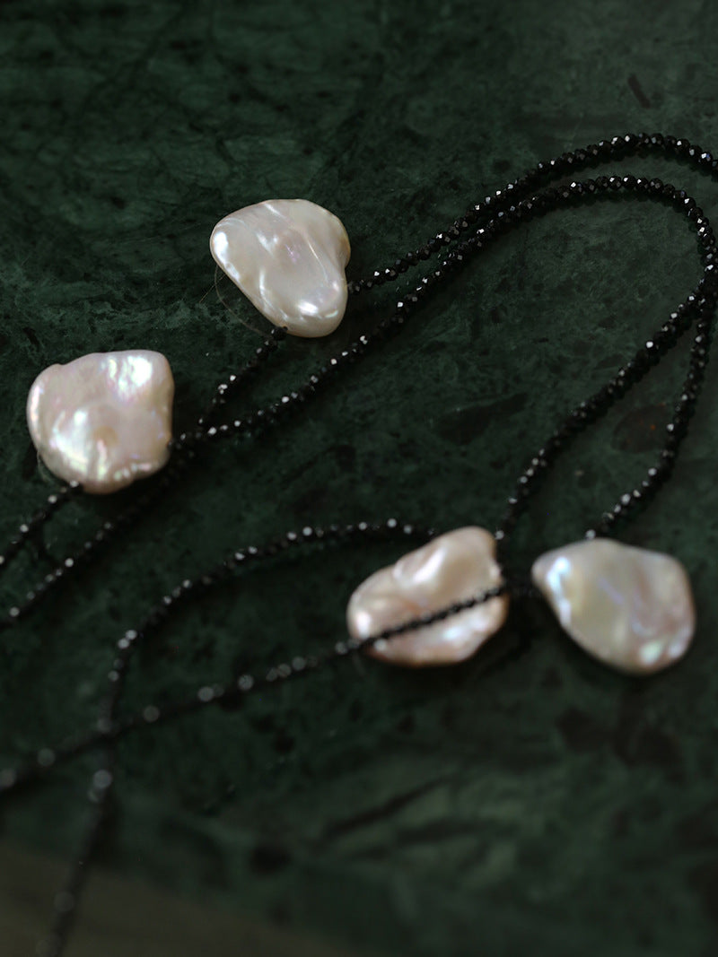 Large Petal Baroque Pearl Black Spinel Necklace-Gembea Jewelry