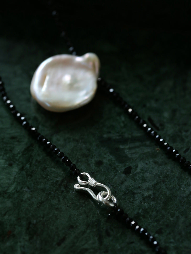Large Petal Baroque Pearl Black Spinel Necklace-Gembea Jewelry
