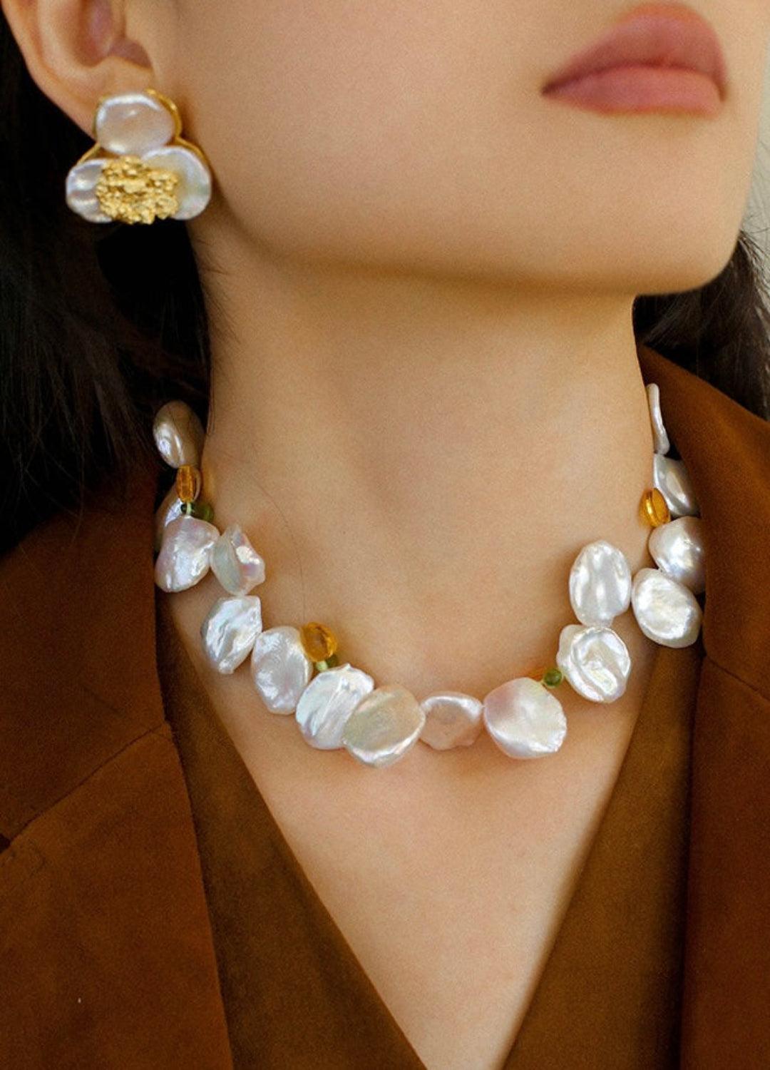 Large Petal Baroque Pearl Collarbone Choker Necklace - Gembea Jewelry