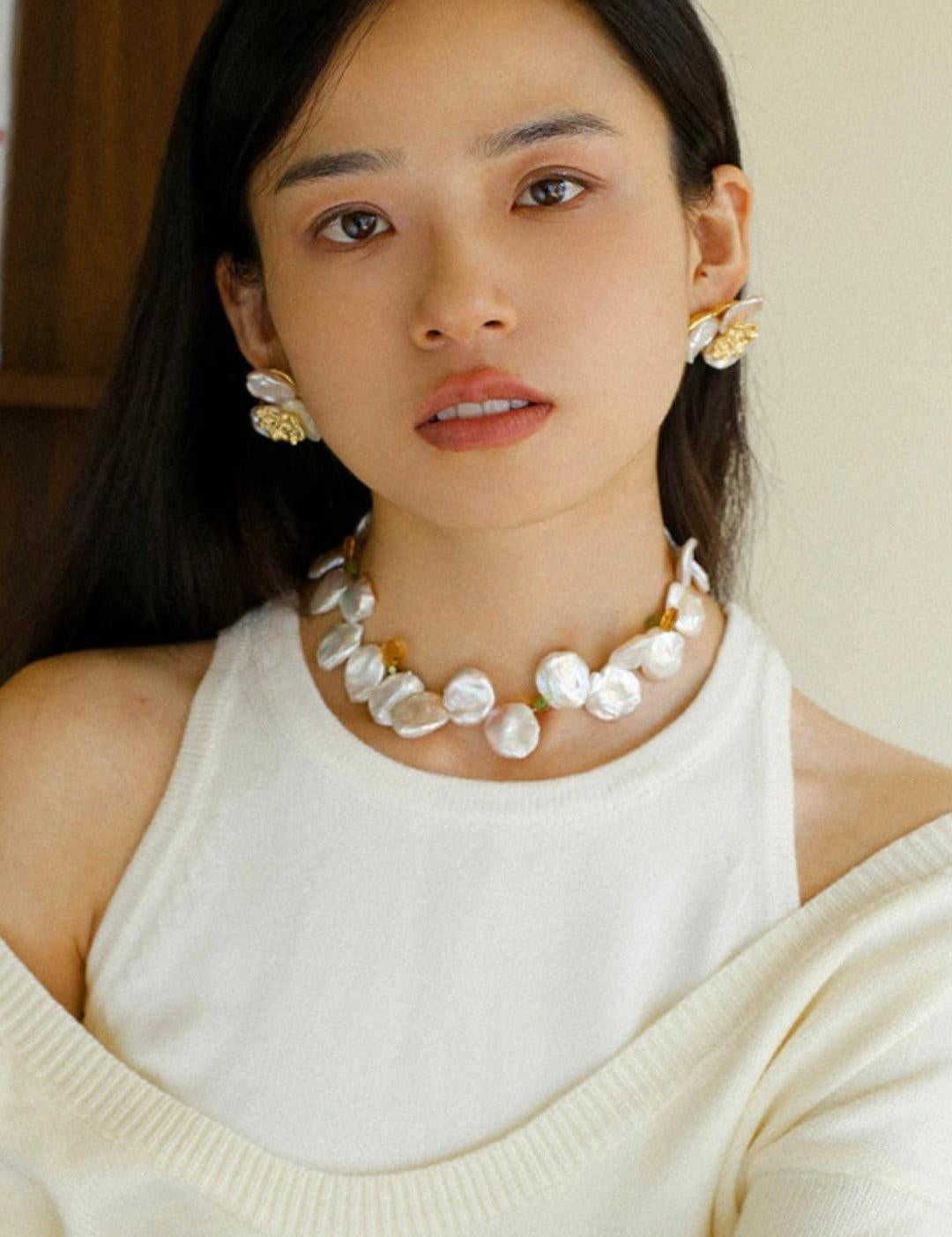 Large Petal Baroque Pearl Collarbone Choker Necklace - Gembea Jewelry