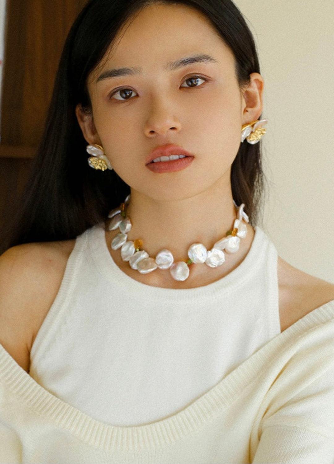 Large Petal Baroque Pearl Collarbone Choker Necklace - Gembea Jewelry