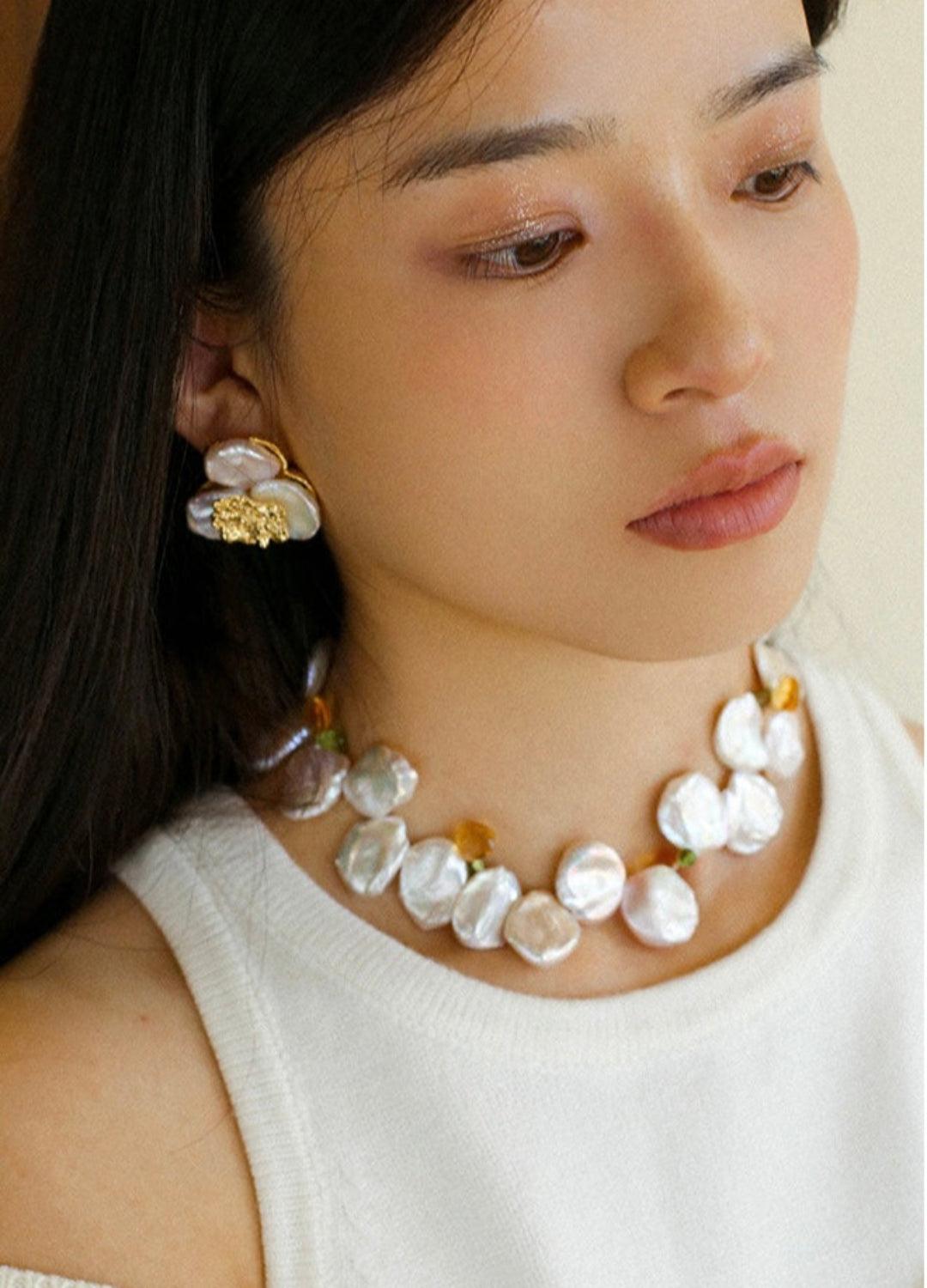 Large Petal Baroque Pearl Collarbone Choker Necklace - Gembea Jewelry