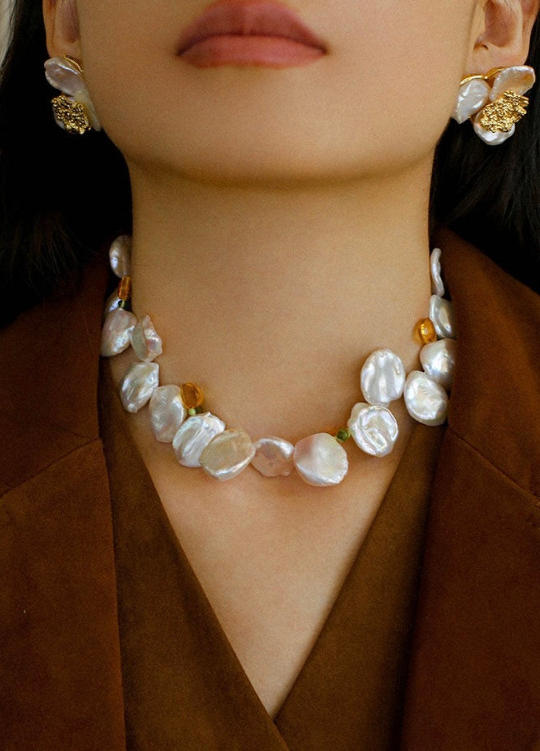 Large Petal Baroque Pearl Collarbone Choker Necklace - Gembea Jewelry