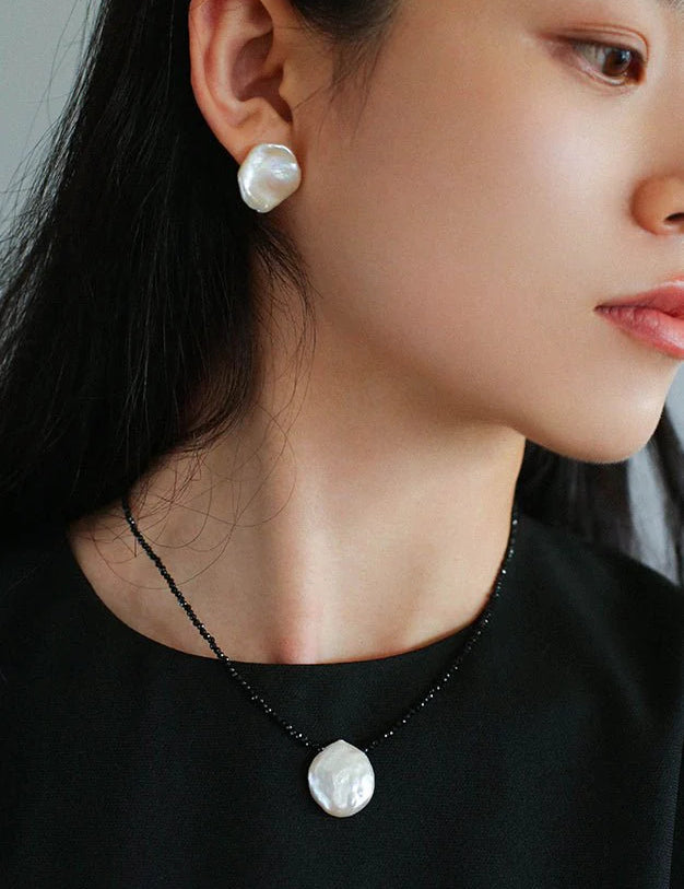 Large Petal Baroque Pearl Stud Earrings-Gembea Jewelry