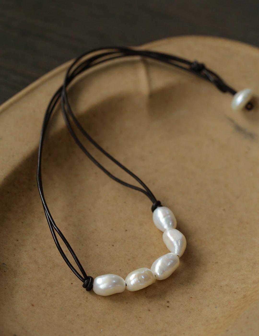 Short Handmade Leather Rope Natural Pearl Necklace - Gembea Jewelry