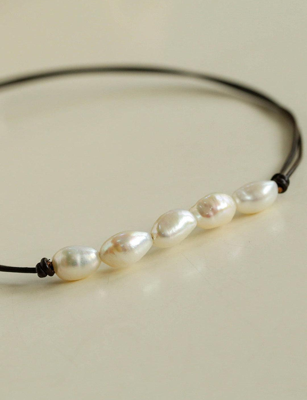 Short Handmade Leather Rope Natural Pearl Necklace - Gembea Jewelry