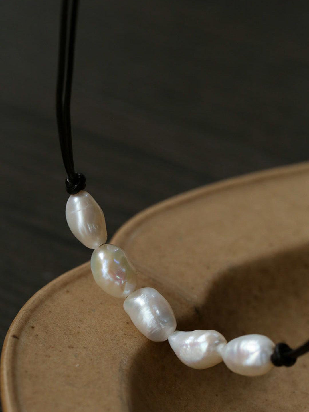 Short Handmade Leather Rope Natural Pearl Necklace - Gembea Jewelry