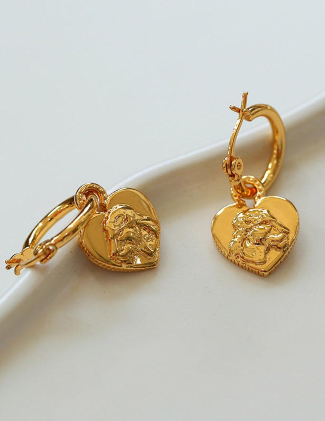 Lion Relief Love Drop Hoop Earrings - Gembea Jewelry