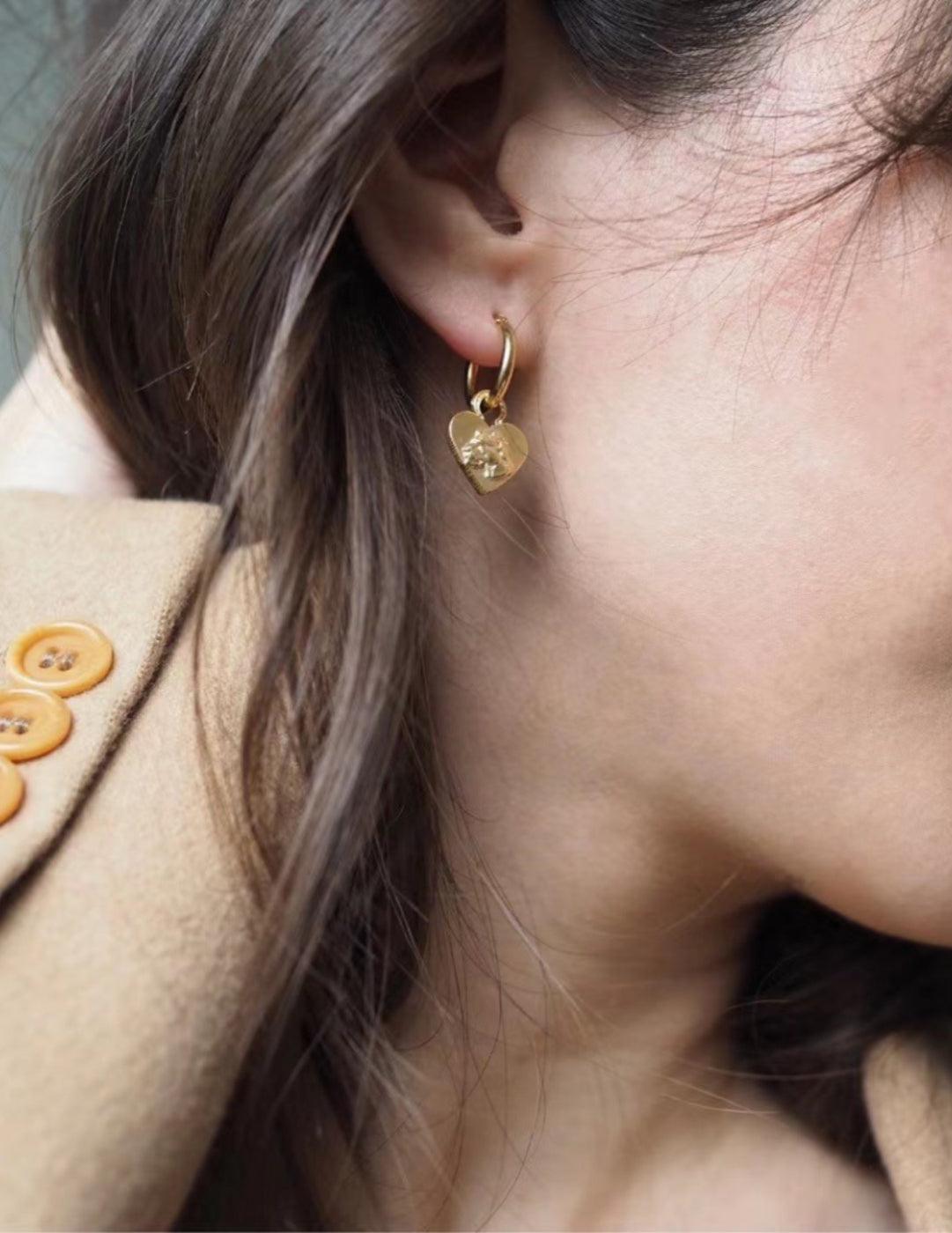 Lion Relief Love Drop Hoop Earrings - Gembea Jewelry