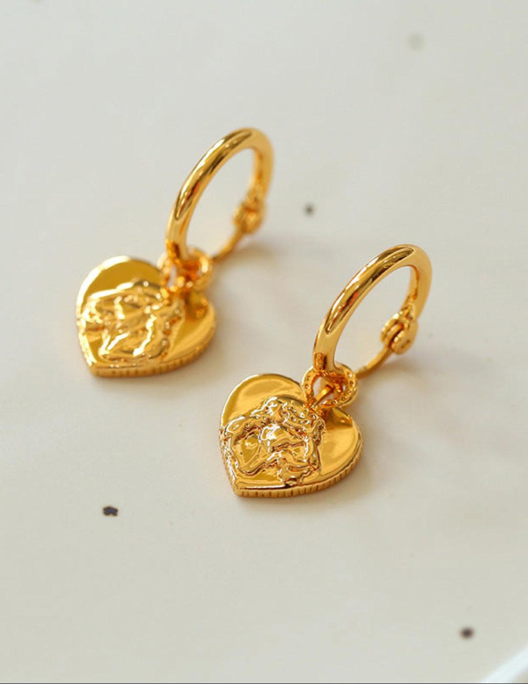 Lion Relief Love Drop Hoop Earrings - Gembea Jewelry