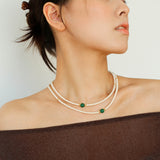 Long Artificial Pearl Green Agate Necklace-gembea jewelry