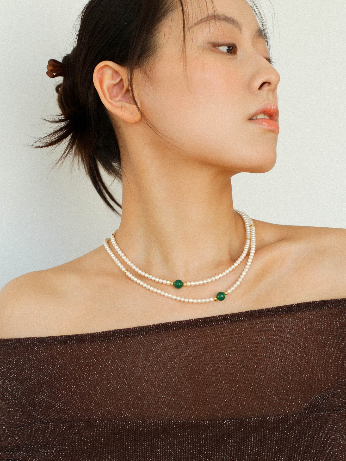 Long Artificial Pearl Green Agate Necklace-gembea jewelry