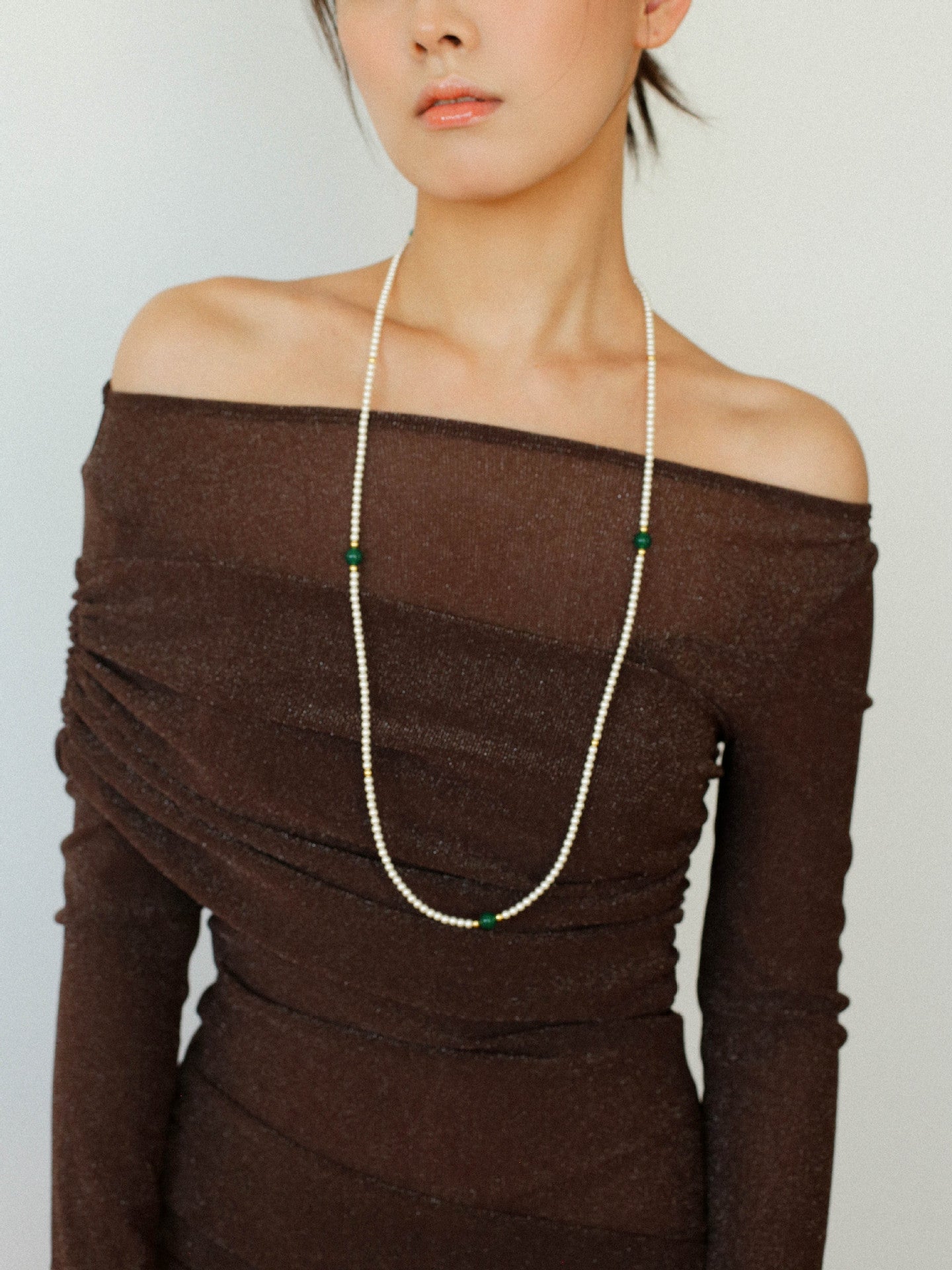 Long Artificial Pearl Green Agate Necklace-gembea jewelry