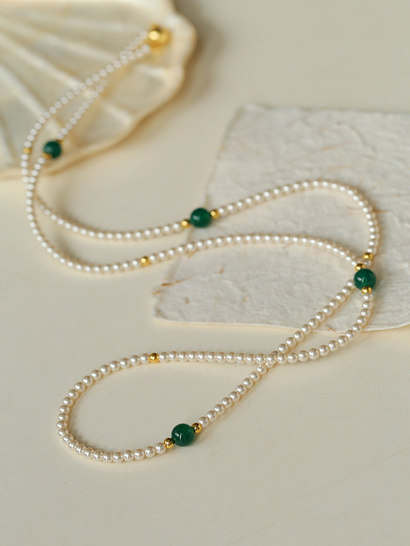 Long Artificial Pearl Green Agate Necklace-gembea jewelry