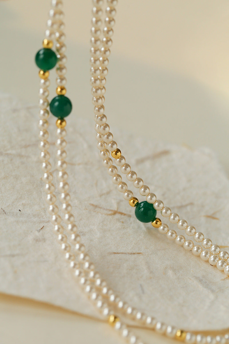 Long Artificial Pearl Green Agate Necklace-gembea jewelry