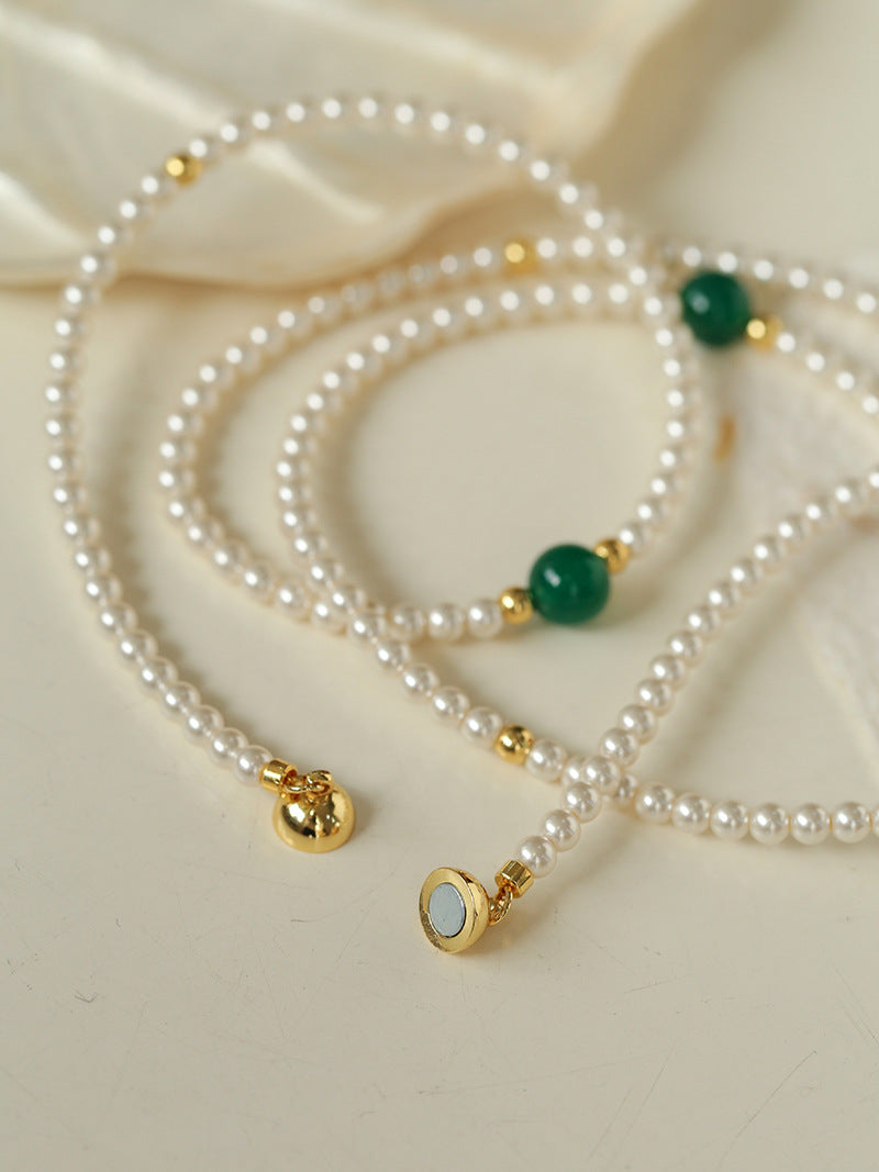 Long Artificial Pearl Green Agate Necklace-gembea jewelry
