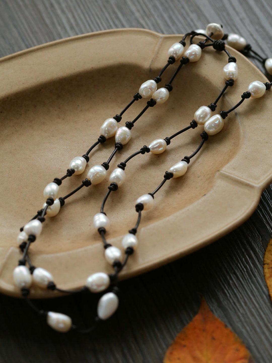 Long Handmade Leather Rope Natural Pearl Necklace - Gembea Jewelry