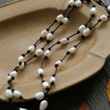 Long Handmade Leather Rope Natural Pearl Necklace - Gembea Jewelry