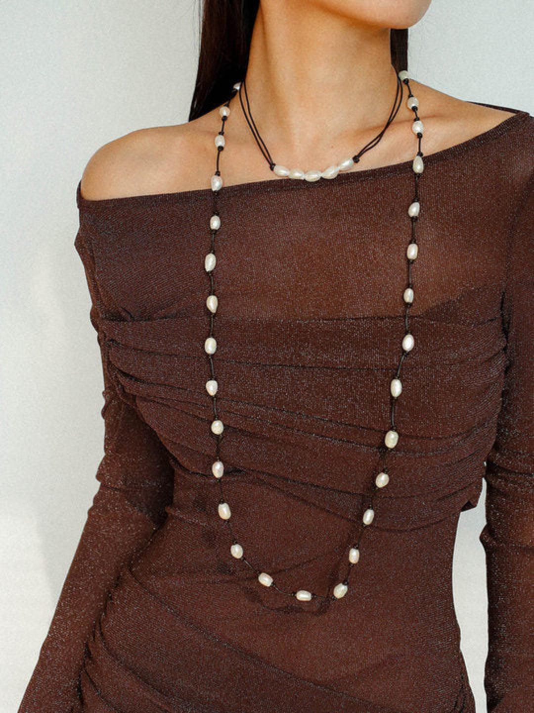 Long Handmade Leather Rope Natural Pearl Necklace - Gembea Jewelry