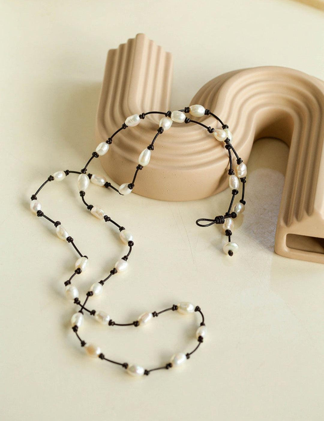 Long Handmade Leather Rope Natural Pearl Necklace - Gembea Jewelry