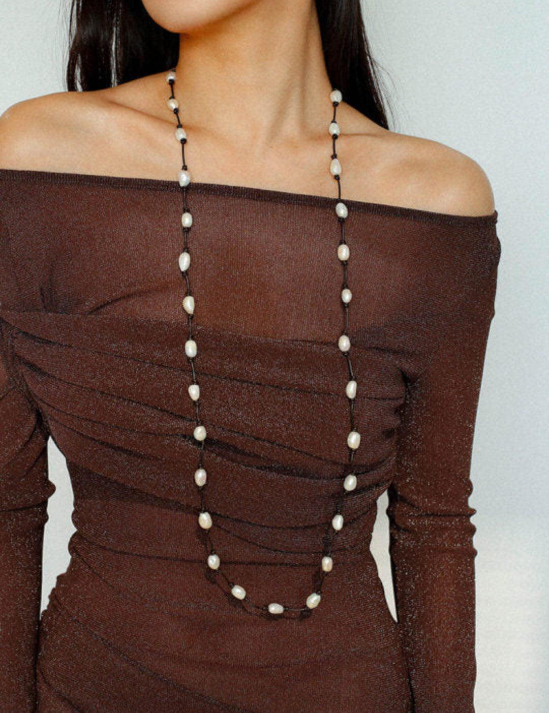 Long Handmade Leather Rope Natural Pearl Necklace - Gembea Jewelry