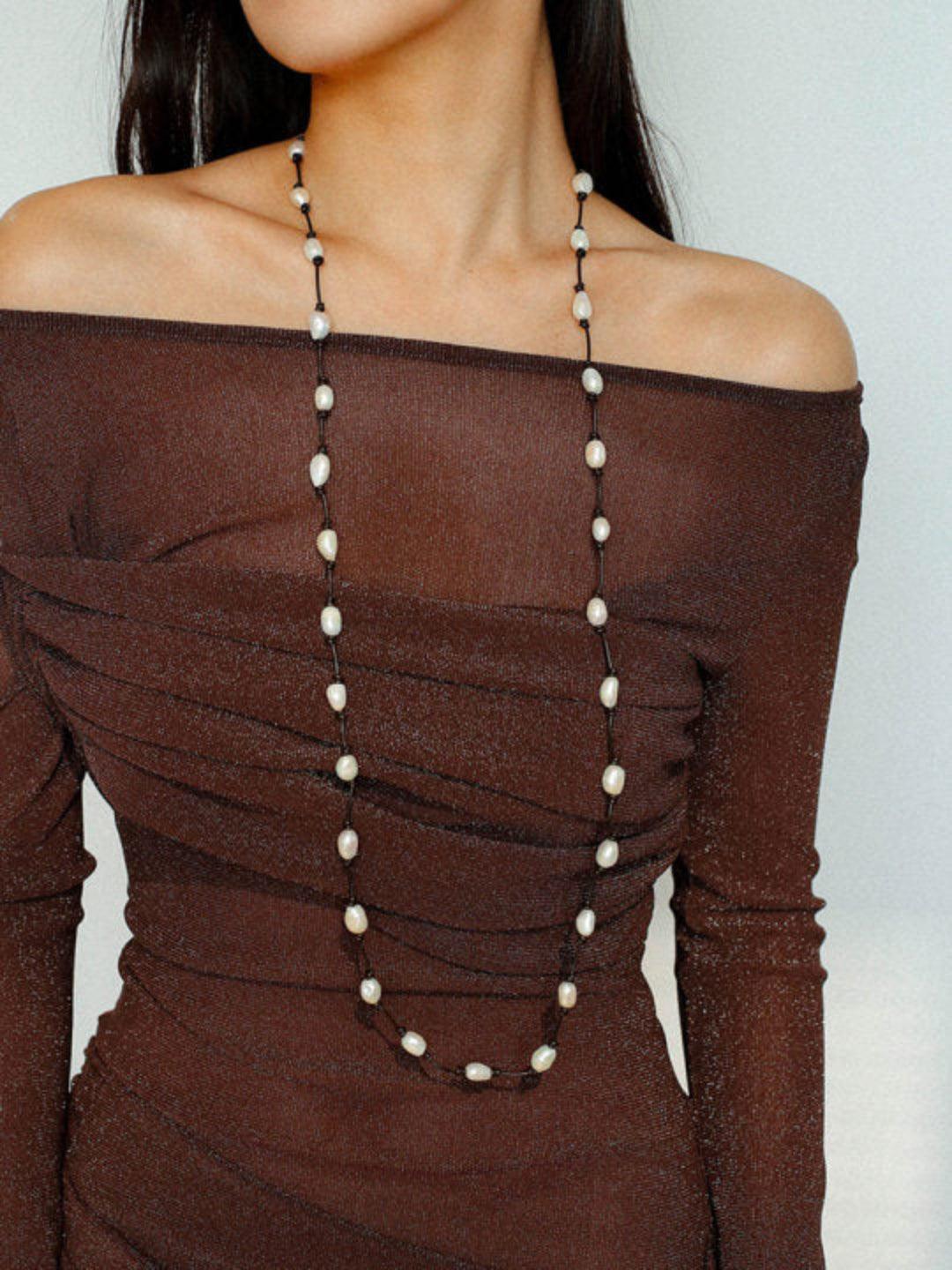 Long Handmade Leather Rope Natural Pearl Necklace - Gembea Jewelry