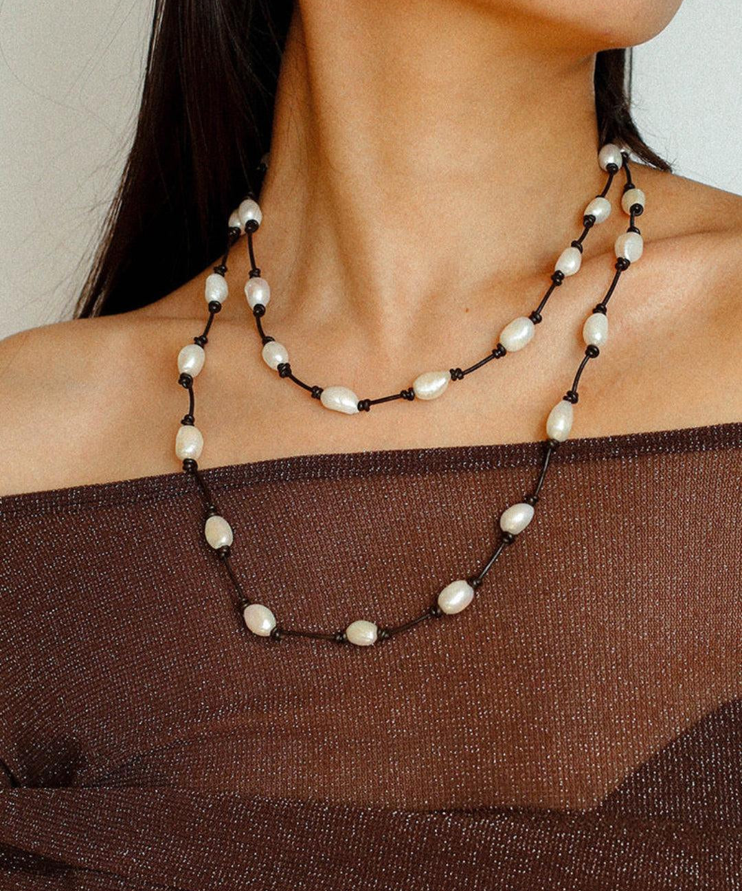 Long Handmade Leather Rope Natural Pearl Necklace - Gembea Jewelry
