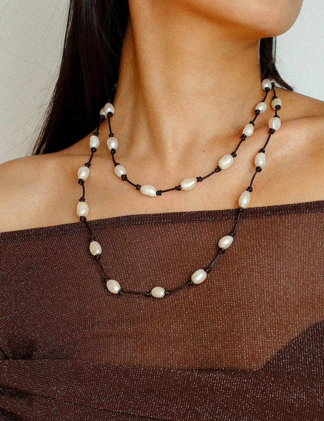 Long Handmade Leather Rope Natural Pearl Necklace - Gembea Jewelry
